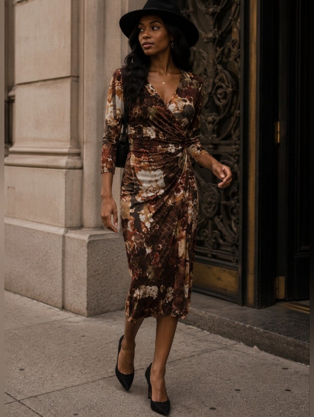 ∆ French Kiss Faux Wrap Foliage Print Bodycon Midi Dress- Size: M